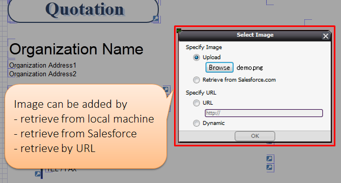 Image can be added by 'retrieve from local machine' and 'retrieve from Salesforce' and 'retrieve by URL'